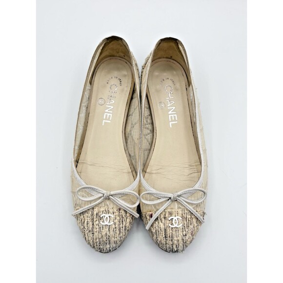 Chanel Ballet Flats White & Cream Tweed & Lace CC Logo Sz EU 35.5 5.5 - Picture 1 of 13